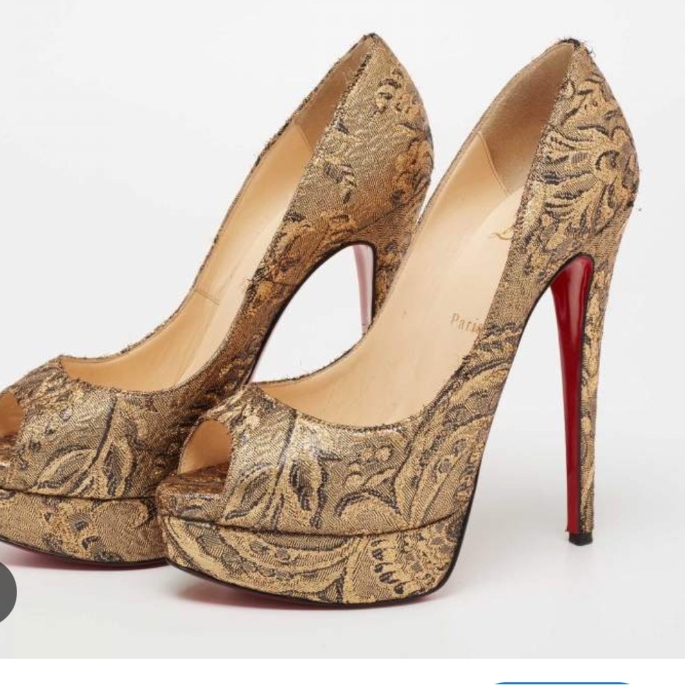 Christian Louboutin Gold Brocade Fabric Lady Peep-Toe